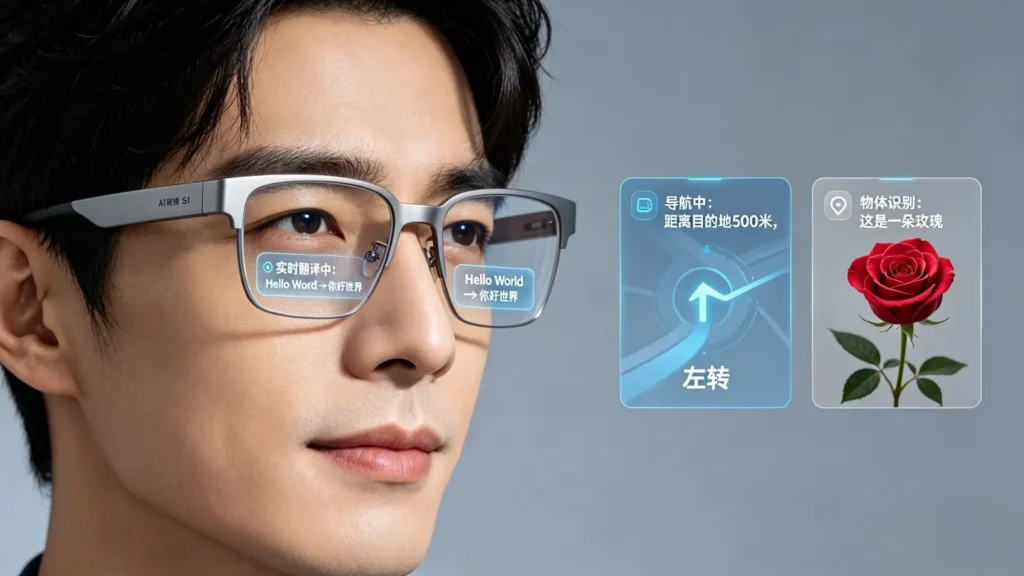 阿里千问 AI 眼镜 S1 配图 - 实时翻译、智能导航、物体识别核心功能展示