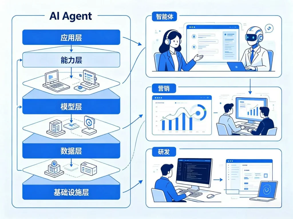 AI Agent 智能体技术架构与全行业应用示意图,多智能体协作、办公自动化、研发运营客服场景智能化效率升级科普配图