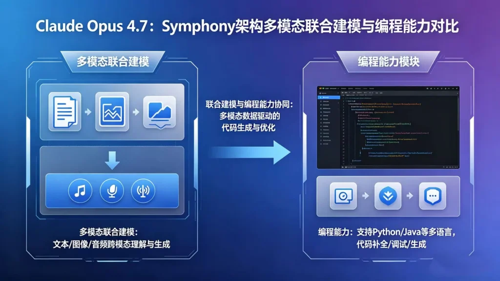 Claude Opus 4.7 配图 - Symphony 原生多模态架构与编程能力登顶展示