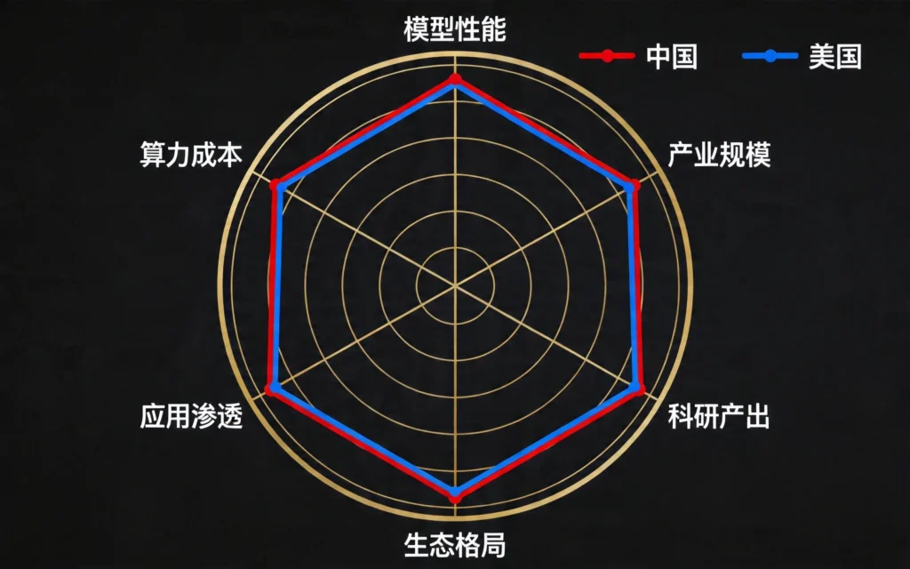 中美AI实力六维度雷达图对比