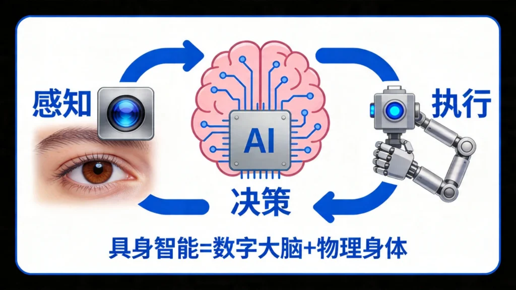 具身智能三大核心能力闭环图:感知(摄像头+眼睛)→ 决策(AI芯片大脑)→ 执行(机械臂)