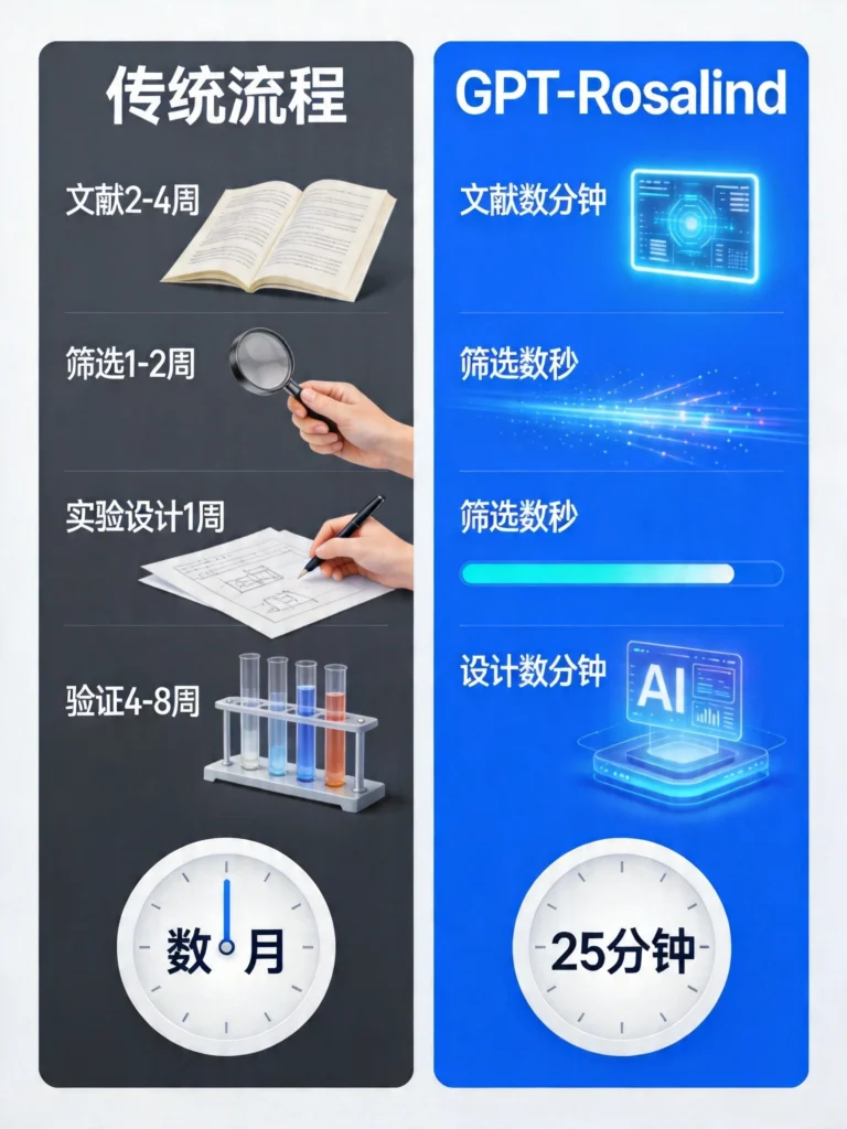传统科研流程数月 vs GPT-Rosalind流程25分钟,左右分栏时间对比图