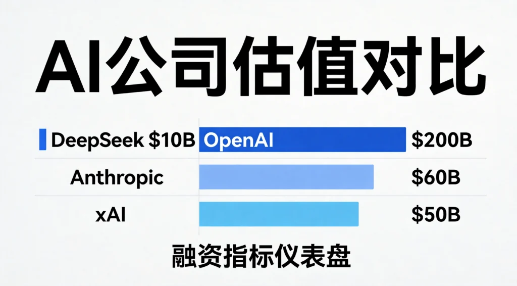 全球AI公司估值对比扁平柱状图，DeepSeek 100亿美元与OpenAI、Anthropic、xAI估值排名