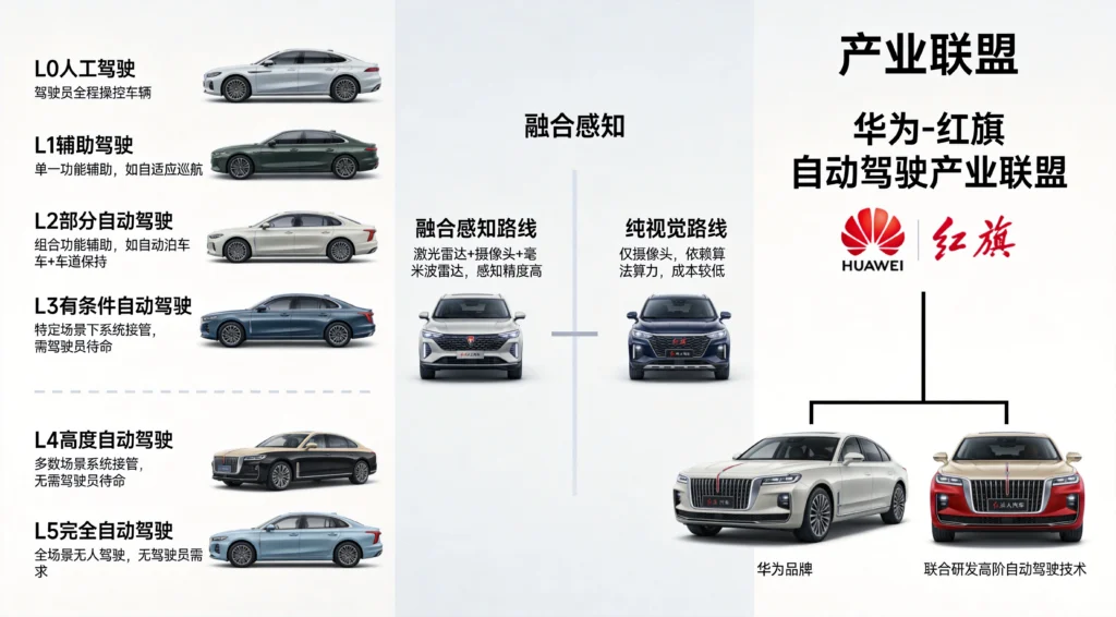 自动驾驶分级对比扁平图表,L0至L5级别演进与融合感知纯视觉路线对比及产业联盟