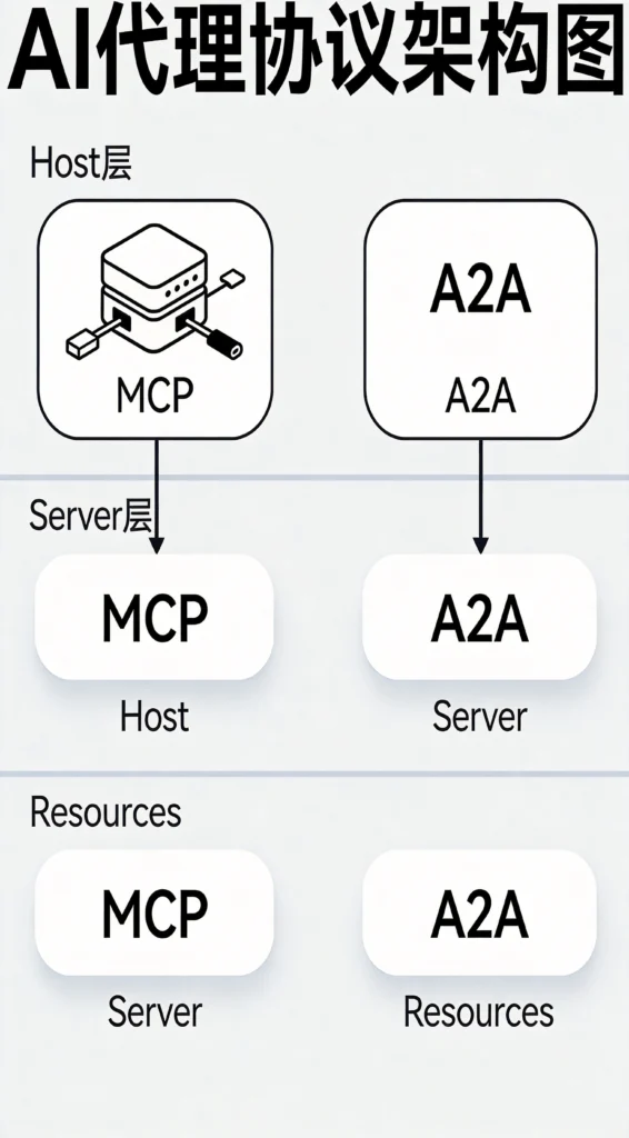 AI Agent协议架构扁平示意图，MCP连接模型工具与A2A智能体协作三层结构流程