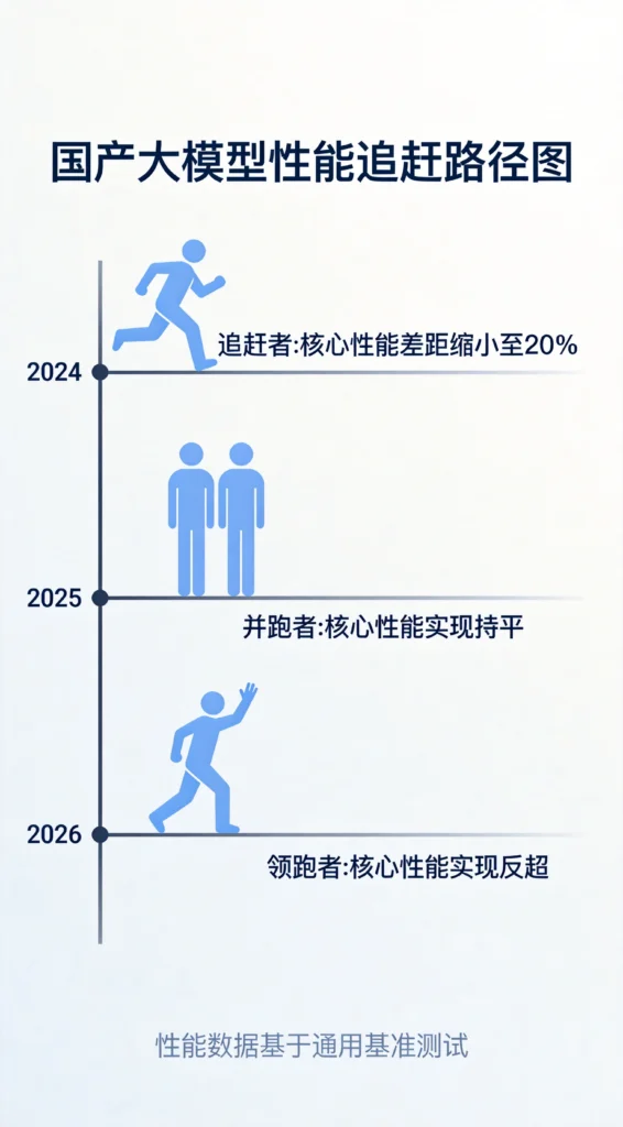 国产大模型性能追赶路径图,展示从追赶者到并跑者的演进历程,包含2024年起步、2025年追赶、2026年并跑三个阶段里程碑