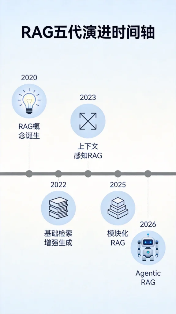 RAG五代演进时间轴，展示2020年概念诞生、2022年范式确立、2023年Advanced RAG、2024年Modular RAG、2025年Agentic RAG五个阶段里程碑
