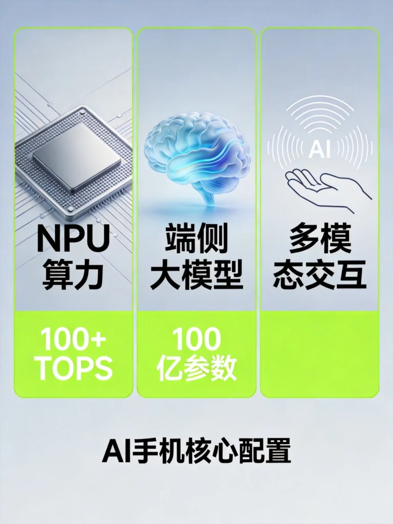 AI手机三大硬实力图，NPU算力100+TOPS、端侧大模型100亿参数、多模态交互核心配置