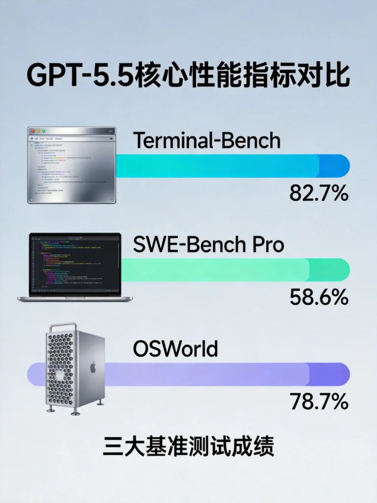 GPT-5.5核心性能指标图,Terminal-Bench 82.7%、SWE-Bench Pro 58.6%、OSWorld 78.7%三大基准测试成绩