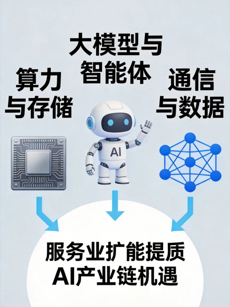 AI产业链三大投资主线图,算力存储、大模型智能体、通信数据助力服务业扩能提质