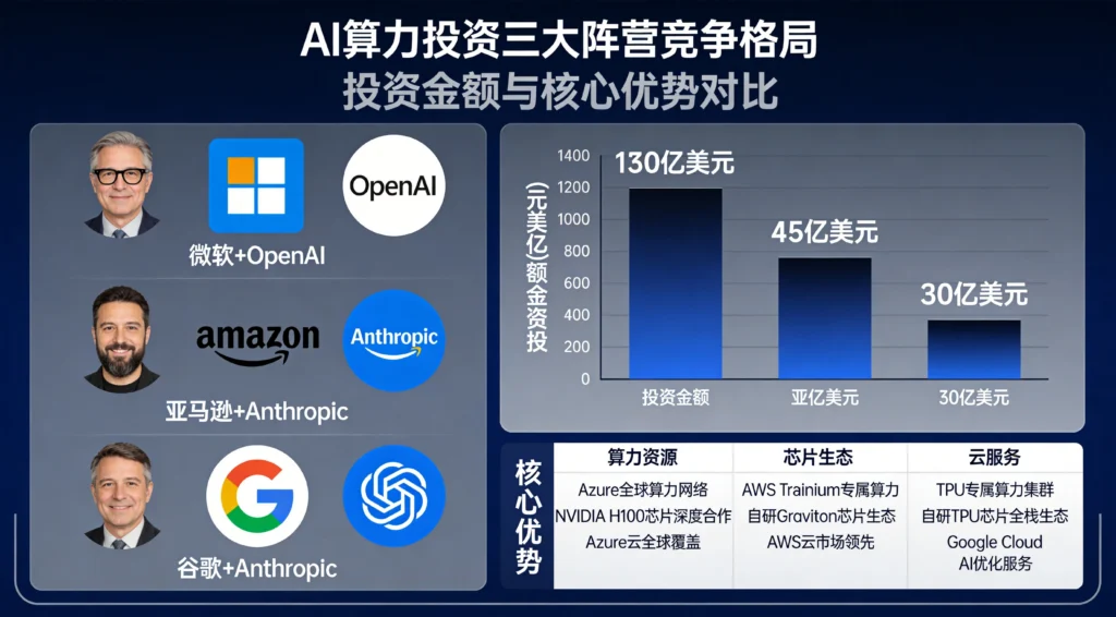 AI算力投资格局对比图,三大阵营的投资金额与核心优势展示
