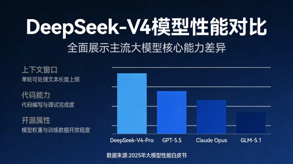 DeepSeek-V4与主流大模型性能对比图,上下文窗口与代码能力维度展示