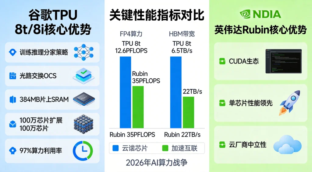 TPU v8与Rubin核心参数对比,谷歌系统级优势对决英伟达单芯片性能王者地位