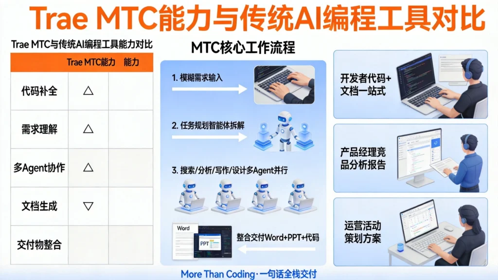 Trae MTC与传统AI编程工具能力对比，多智能体协作实现一句话全栈交付