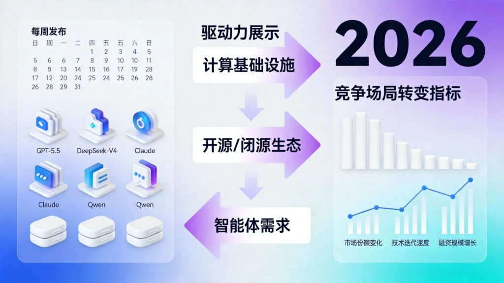 AI超级周期三大驱动力分析图,展示算力释放、开源闭源激荡与智能体需求倒逼。