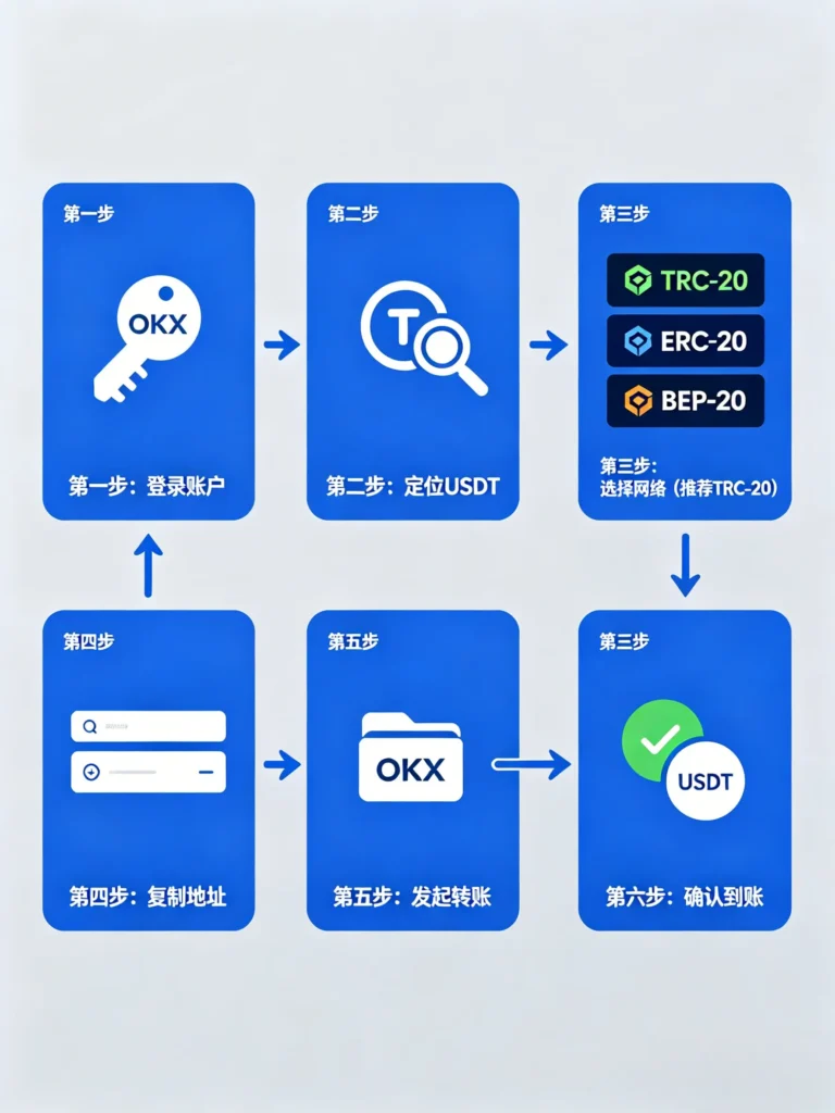 一张解释 OKX 充值 USDT 全流程的 6 步信息图